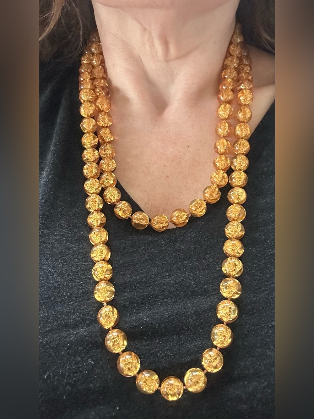 Vintage 50s Gold Foil Lucite Bead Necklace | 53" Long | Wear 3 Ways